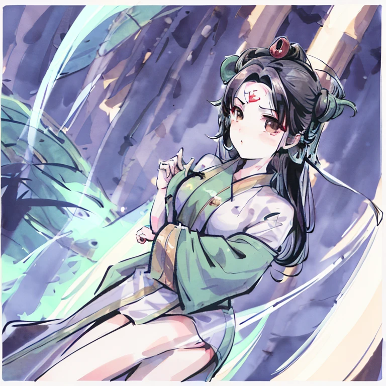 (best quality)Wulin Beauty,High martial arts,Fire mark on forehead,Cool as bamboo,Tough character,Holding a green bamboo flute,Stand by the side of the ship,Ink painting style,Upright posture,Middle chest,4K