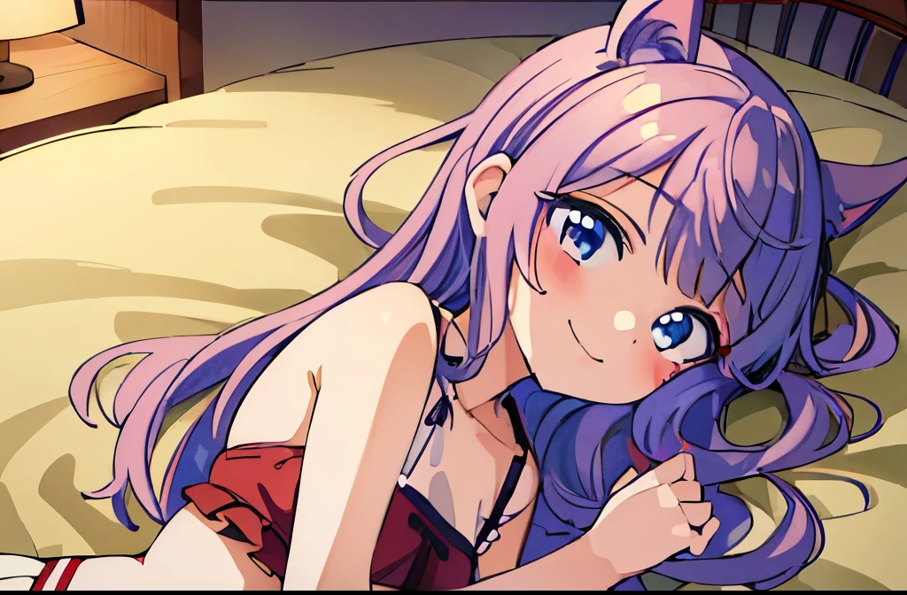 ((masutepiece)), ((Best Quality)), (Ultra-detailed), Anime style,on the bed, Cute  s, 1girl in, Solo, ((Beautiful eyes)), Smile, ((Open chest)), ((Cute nipples))