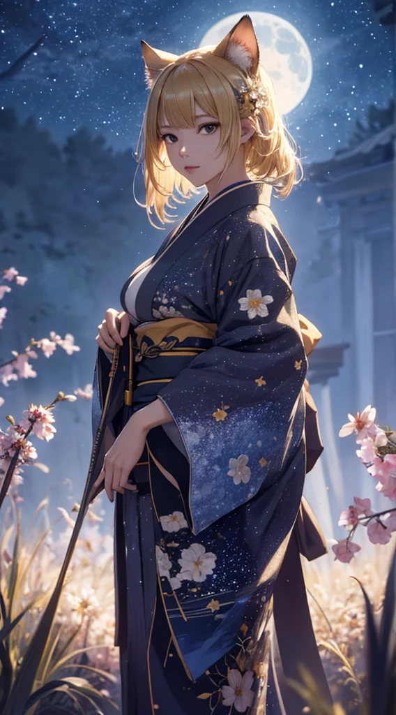 masterpiece, high quality, 4K, Beautiful design, silhouette,blonde, 非常に詳細な夜のStarry Sky,Flower Field, wonderful, Finer details, Very knowledgeable woman, Highly detailed solo, 1 female,Cat ear,Big Breasts,kimono,Night view,Starry Sky,full moon,
