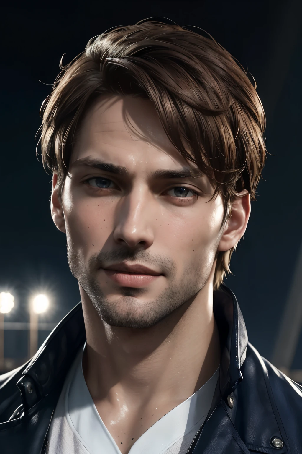 Meet the charismatic and handsome Leon S. Kennedy, a 35-year-old man with light brown hair and captivating large azure eyes. In this captivating visual representation, he undergoes a solo focus facial treatment, enhancing his youthful appearance and amplifying his natural good looks. With a charming smile gracing his lips, Leon exudes a dynamic and realistic presence. The detailed and correct facial structure highlights his handsome features and adds authenticity to the image.
As the sun sets and the stadium lights up, the atmosphere transforms into a romantic scene. The baseball uniform, in a light and bright color, complements the blue sky filled with white clouds, creating a striking contrast. With