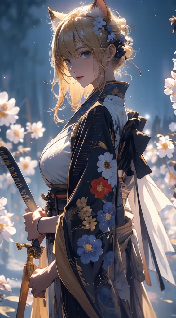 masterpiece, high quality, 4K, Beautiful design, silhouette，blonde， 非常に詳細な夜のStarry Sky,Flower Field， wonderful, Finer details,  Very knowledgeable woman, Highly detailed solo, 1 female,Cat ear，Big Breasts，kimono，Night view，Starry Sky，full moon，