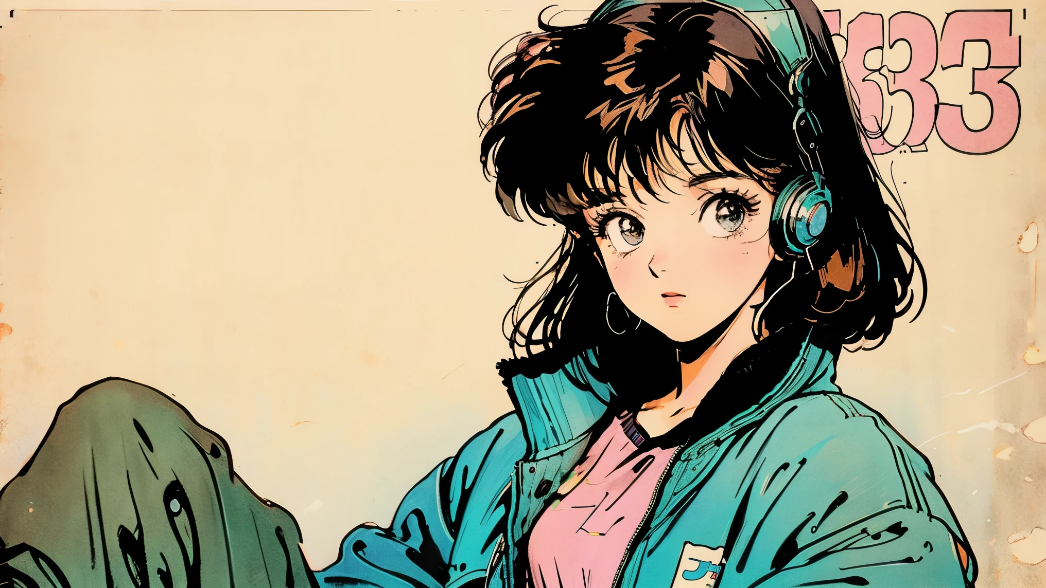 short brown hair, girl, vintage 90's, romance anime style, cardigan, lipgloss, headphones