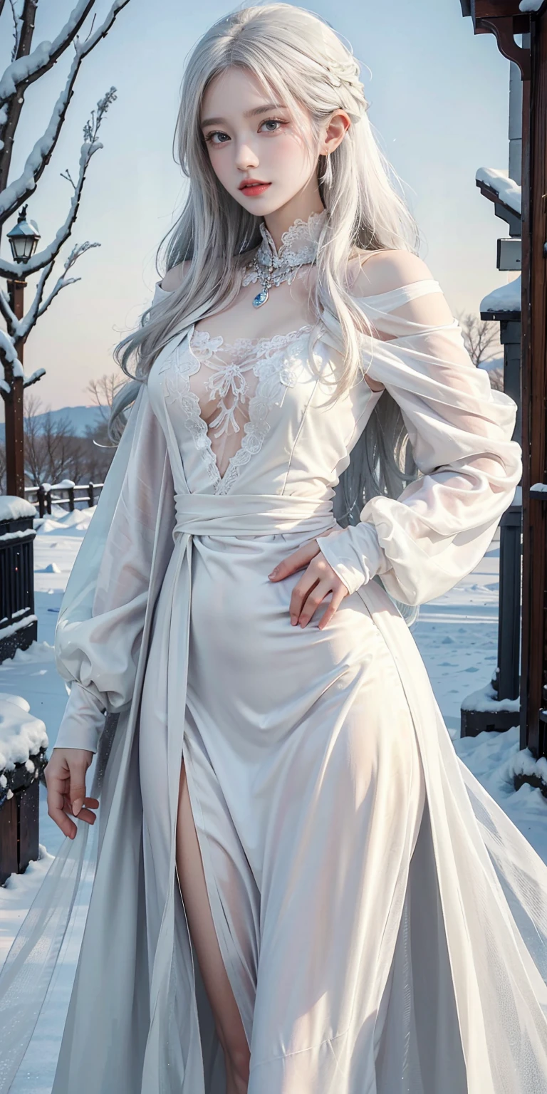 Reality, high resolution, Soft Light,1 female, Solitary, Hips up, shiny silk sheer dress, (Delicate face),Tattoo, jewelry, Winter Clothing, coat, snow, white hair, curls, Beautiful Soldier, Attract the audience's eyes, lover's perspective, Invitation to express, Sexy smile, Perfect style, Perfect balance, Delicate skin, Naughty eyes, Visible chest,Standing Splits