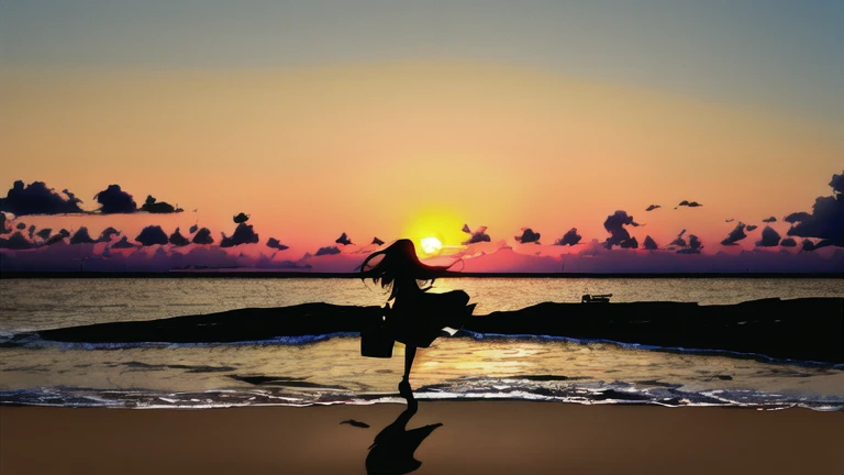 The light of the setting sun reflects fantastically from the seaside and scatters、Flying lights,Silhouette of a girl walking, ((Long Shadows))