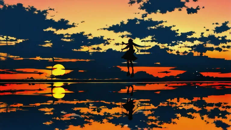 The light of the setting sun reflects fantastically from the seaside and scatters、Flying lights,Silhouette of a girl walking, ((Long Shadows))