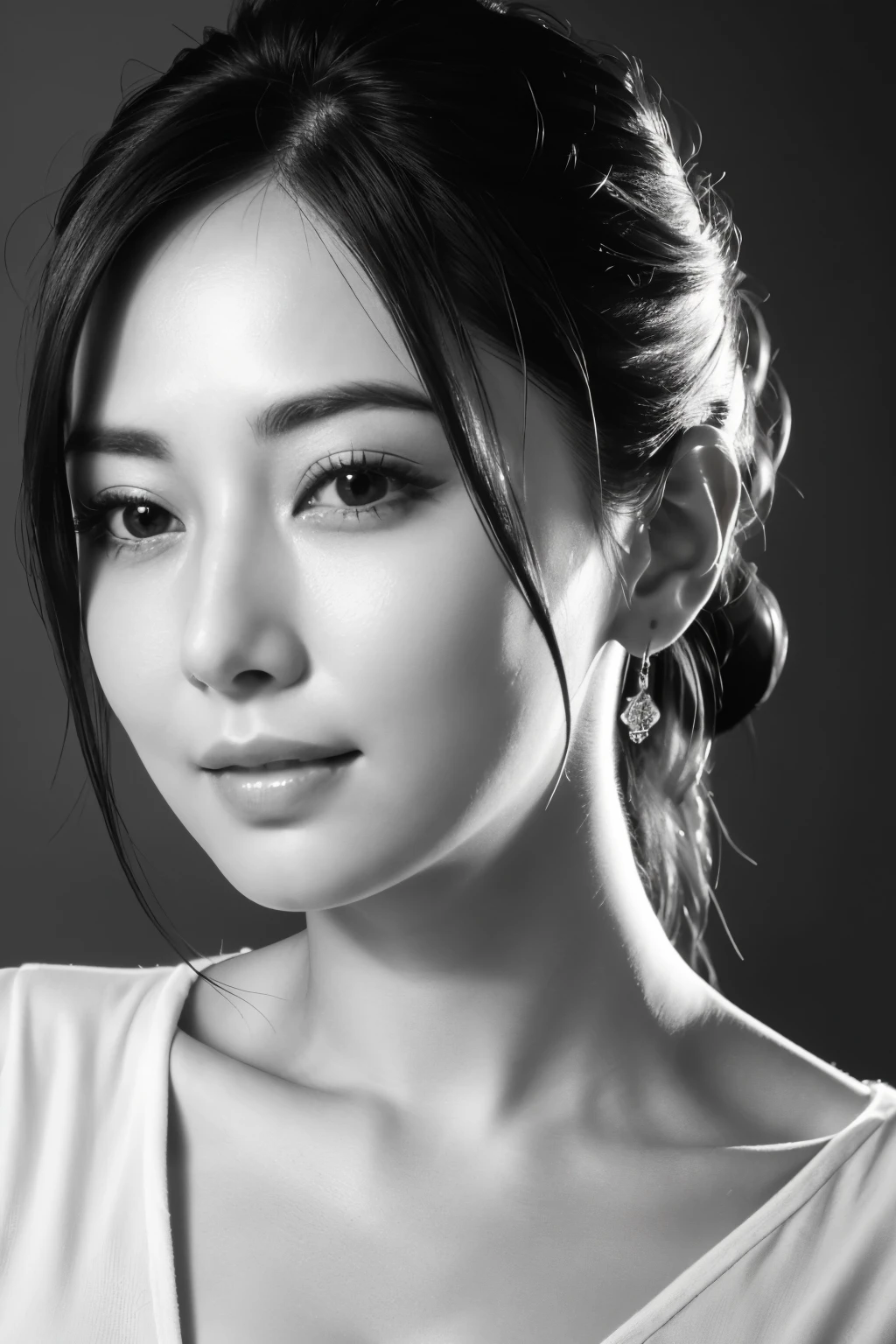 Tabletop, highest quality, Photorealistic, Very detailed, finely, High resolution, 8k wallpaper, RAW Photos, Professional, High level of detail, (((Black and white photography))), 1 girl, (Look forward), Upper Body, Perfect Face, (((Only lips red)))
