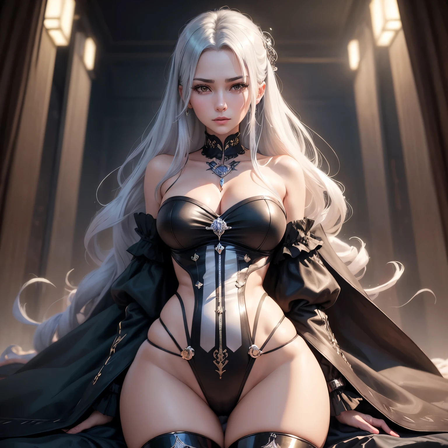 (Dramatic digital art:1.3) of,(Lively:1.3) portrait of female (Snezana Sakovich 2:1.1) シースルーof着物を着る, ベッドof上で寝る,Style - Silver Magic, Stylish girl,society,Art Station,The happi coat is open,Thin legs,short boots