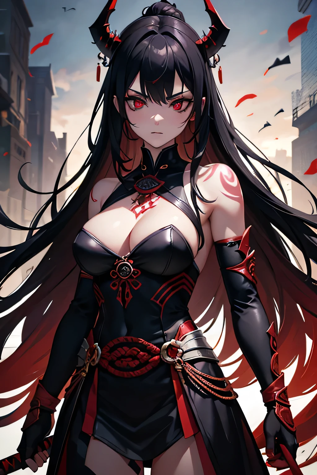 dark demon girl, ancient dark demonic evil samurai, evil look, dark scenery, sexi, body covered in blood, tatoos on face and body, red glowing eyes, combat stance, evil, violent, bloody, psychotic, wielding an ancient samurai sword, vibrant appearance, ultra high details, detailed face, creative behavior, imaginative, sensual, spontaneous, highest quality, skin texture, intricate details, (cinematic lighting), RAW photo, 8k