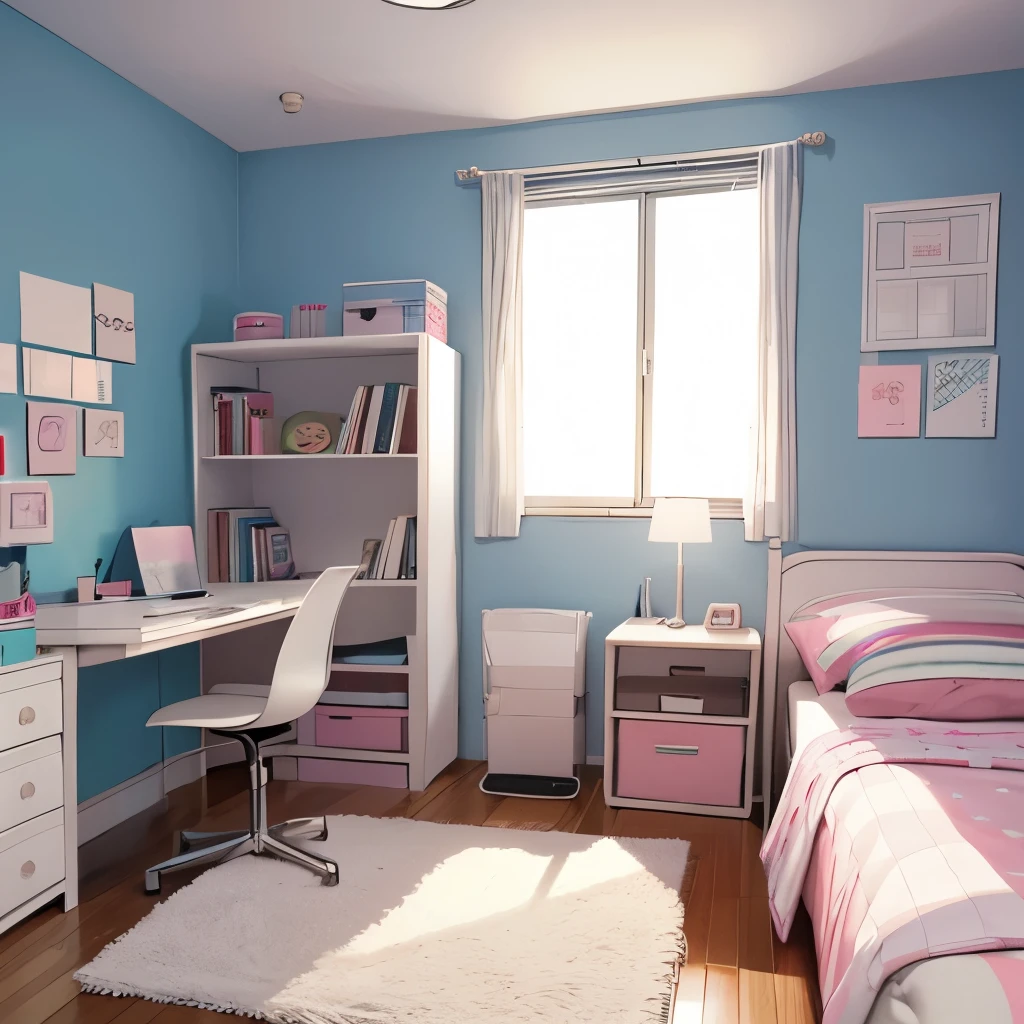 small cozy bedroom, schoolgirl's bedroom, minimalistic, white furniture