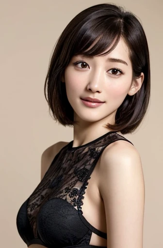 one girl, (a beauty girl, delicate girl:1.3), (, Gal:1.3), (Black lace bra:1.2), Very fine grain definition, (Symmetrical black eyes:1.3), Looking into the camera, Big smile, Showing teeth, (Track Field View:1.2), Small breasts, Brown short hair, girl, (Eyes and facial details:1.5), (masterpiece, highest quality, Super detailed, Detailed face, 8k),Upper Body Shot,Yui Aragaki