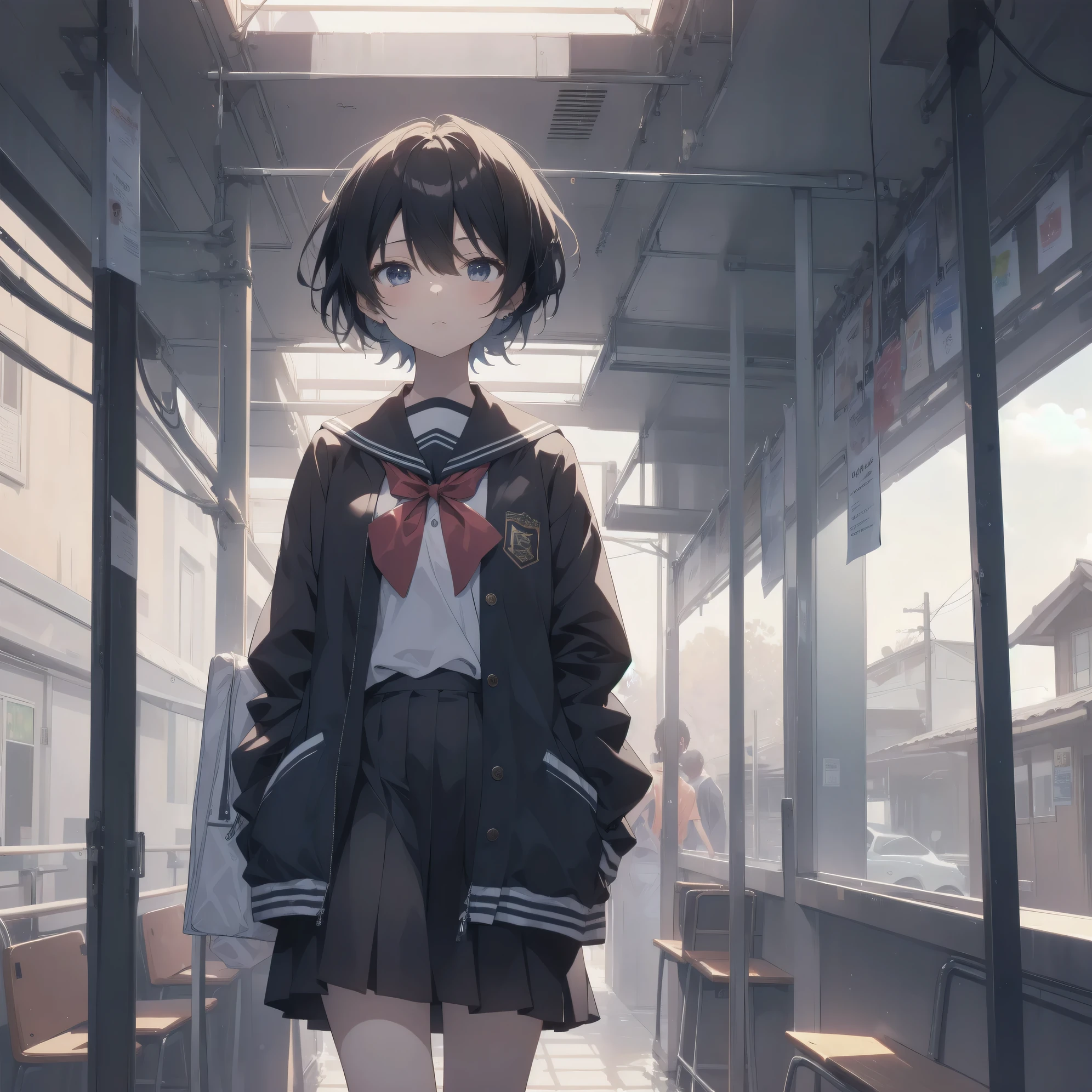 ultra-absurdres-Top quality by artist God, ultra-detailed, high resolution, anime moe artstyle, best anime 8k konachan wallpaper, pixiv contest winner, pool:2810, perfect anatomy,break, 1girl, (Please draw a girl walking sleepily to school alone. )break,(Solo,little female, 13-year-old:1.3),Full limbs, complete fingers,a junior high school student, (very short hair), short cut, flat chest, , small butt, small black eyes, beautiful detailed eyes, well-proportioned iris and pupils, expressive eyes, highres detailed hair, soft expression, salor school_uniform, sailor collar, serahuku, bow, pleated skirt,(Detailed Lighting), (Detailed background), in the School commute route. break,super detailed skin, Best cinematic lighting powered by famous artist, 8k,beauty illustration,photoshop_(medium),very aesthetic,break,((artist:carnelian )), artist:akinashi yuu ,artist:oyari ashito ,artist:kantoku ,