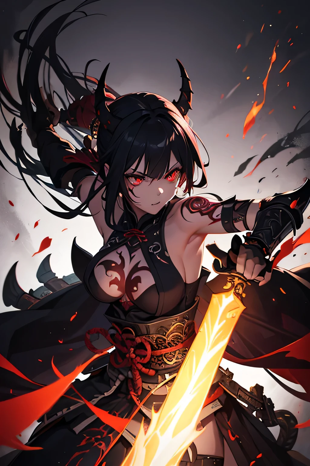 dark demon girl, ancient dark demonic evil samurai, evil look, dark scenery, sexi, body covered in blood, tatoos on face and body, red glowing eyes, combat stance, evil, violent, bloody, psychotic, wielding an ancient samurai sword, ruins of a dojo in background, vibrant appearance, ultra high details, detailed face, creative behavior, imaginative, sensual, spontaneous, highest quality, skin texture, intricate details, (cinematic lighting), RAW photo, 8k