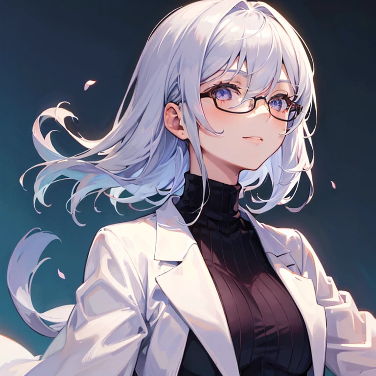 ((((One Woman)))),Woman with glasses and blue turtleneck top, [[[[smile wickedly]]]], (high quality), Silver Hair,gapmoe yandere, Silver Hairの女性, Portrait Gap Moe Yandere Grimdark,Scholar in white coat,magician,Half Up,Medium Hair,Hair between the eyes,Wavy Hair,whole body,(((38 years))),A moving picture,((((((One Woman))))))，Good looking woman