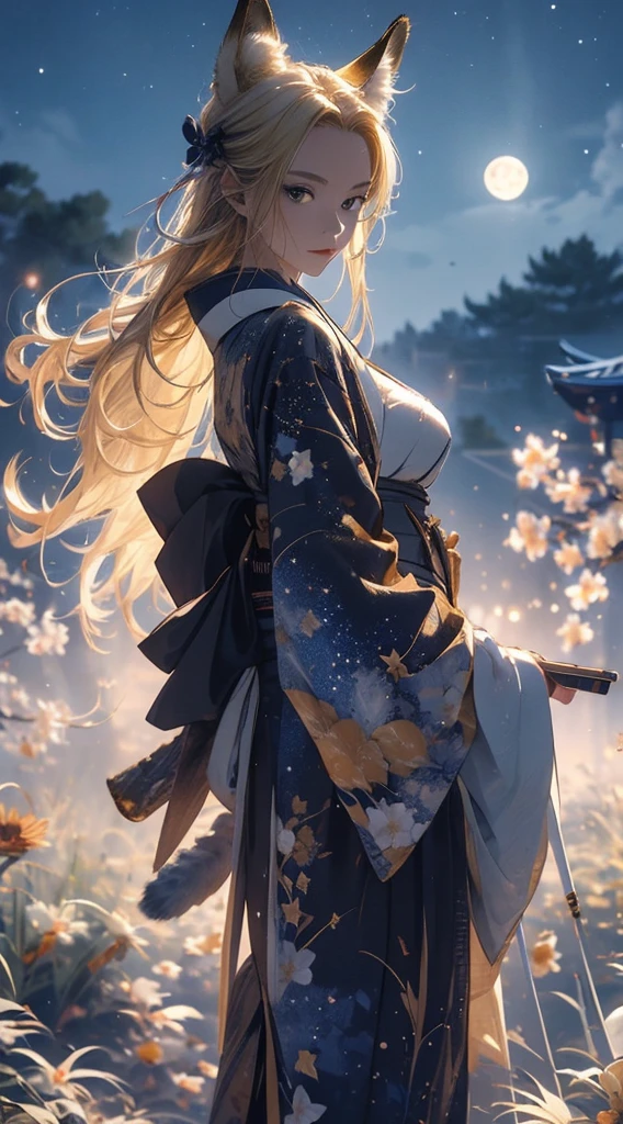 masterpiece, high quality, 4K, Beautiful design, silhouette,blonde, 非常に詳細な夜のStarry Sky,Flower Field, wonderful, Finer details, Very knowledgeable woman, Highly detailed solo, 1 female,Fox Ears,Fox tail,Big Breasts,kimono,Night view,Starry Sky,full moon,