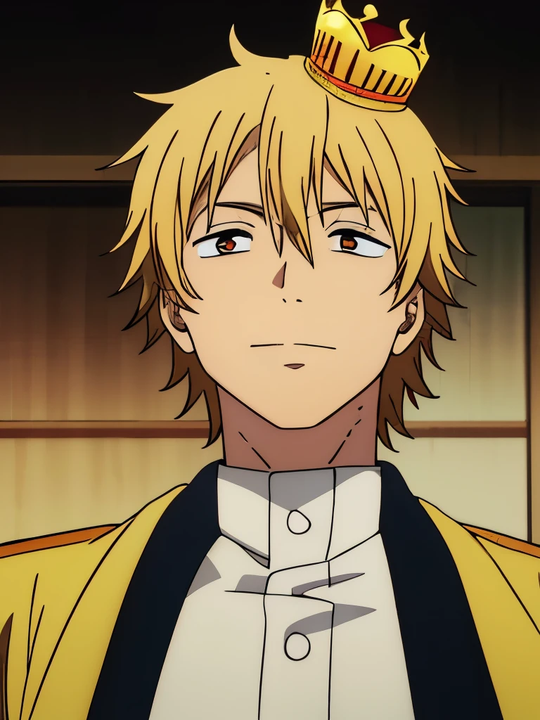 Facial features: A man with hazel eyes, with a calm and confident expression, with a calm and slight smile, with a few wrinkles under the eyes. The external appearance is a normal build for an ordinary man, and his hair color is very faint yellow, and he is 180 feet tall. He wears a golden uniform and with a crown, but not a large crown. He is He is a sadistic man, and his external appearance indicates that he is smart, arrogant, and has high self-confidence. There are wrinkles under his eyes