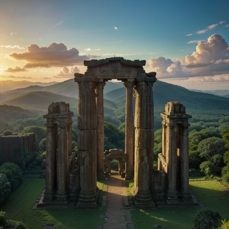 best quality,highres,(realistic:1.37),landscape,detailed view,enigmatic ancient monument,mythical ancient civilization,stone megaliths,tropical rainforest,mysterious energy,unsolved mystery,archaeological site,Ancient mysteries,ancient secrets,hidden knowledge,unearthed history,sacred ground,spiritual power,cultural heritage,ancient temple complex,sacred rituals,unknown origins,ancient wisdom,dense foliage,majestic mountains,vivid colors,sunlit sky,serene atmosphere,natural beauty,peaceful surroundings,ancient architecture,imposing structures,harmony with nature,hidden chambers,symbolic carvings,ancient civilization's legacy,sunrise over the ruins,magical atmosphere,mythical creatures,lush greenery,ancient artifacts,lost city,ruins of an advanced civilization