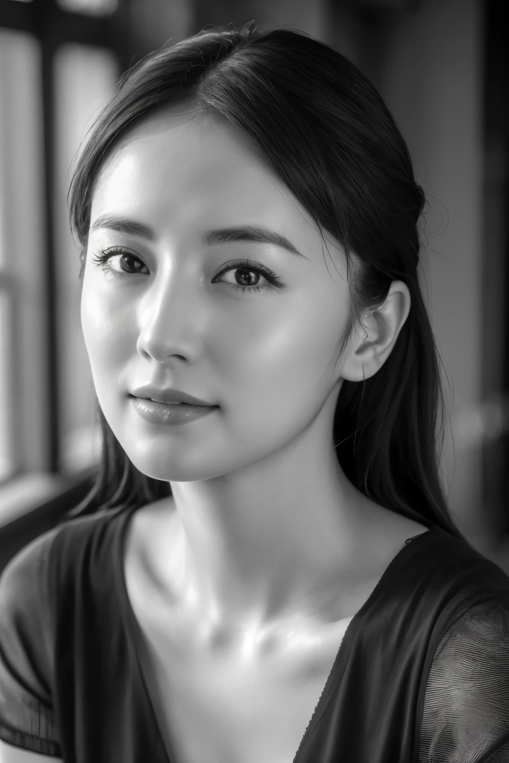 Tabletop, highest quality, Photorealistic, Very detailed, finely, High resolution, 8k wallpaper, RAW Photos, Professional, High level of detail, (((Black and white photography))), 1 girl, (Look forward), Upper Body, Perfect Face, (((Only lips red)))