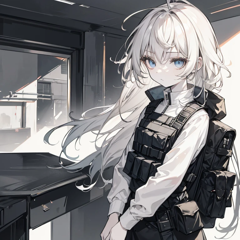 A pale 5'8 women with long messy unkept long black hair that drapes over both her eyes+ wearing tactical gear+tactical vest+looks sleep deprived 