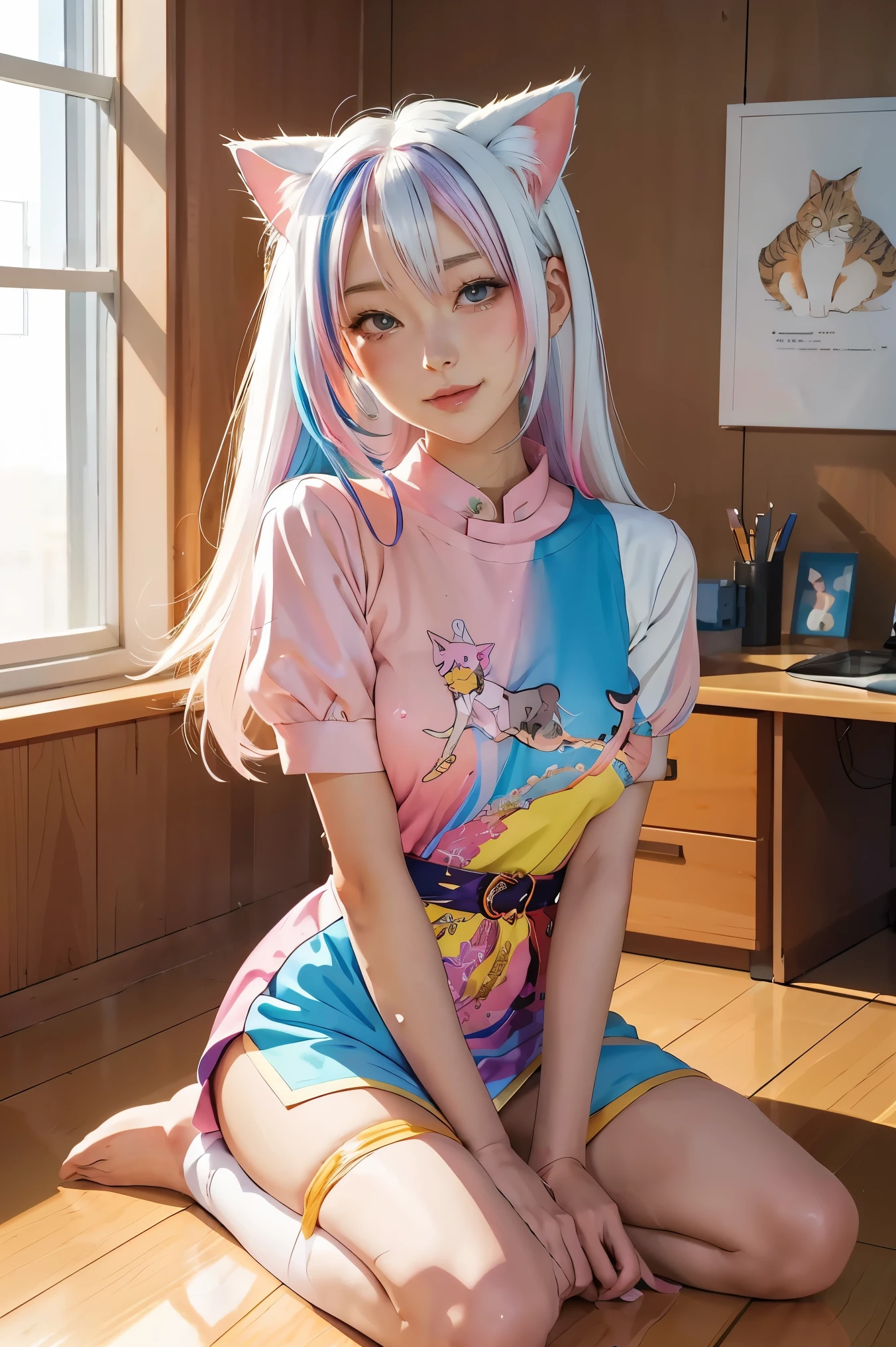 Colorful hair and colorful dress in anime ((cat-eared 1girl)),   pastel vivid, rossdraws cartoon vivid, anime style 4k, beautiful anime portrait, artgerm colorful!!!、! dream art germ, beautiful anime, cat ear 1girl, anime style digital art, anime art wallpaper 4k, anime art wallpaper 4k, digital anime art, highly detailed art germ, ,  full body, sitting in her office, white hair, front view, smirking,