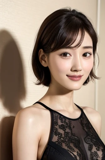 one girl, (a beauty girl, delicate girl:1.3), (, Gal:1.3), (Black lace bra:1.2), (((Nipples)))Very fine grain definition, (Symmetrical black eyes:1.3), Looking into the camera, Big smile, Showing teeth, (Track Field View:1.2), Small breasts, Brown short hair, girl, (Eyes and facial details:1.5), (masterpiece, highest quality, Super detailed, Detailed face, 8k),Upper Body Shot,Yui Aragaki