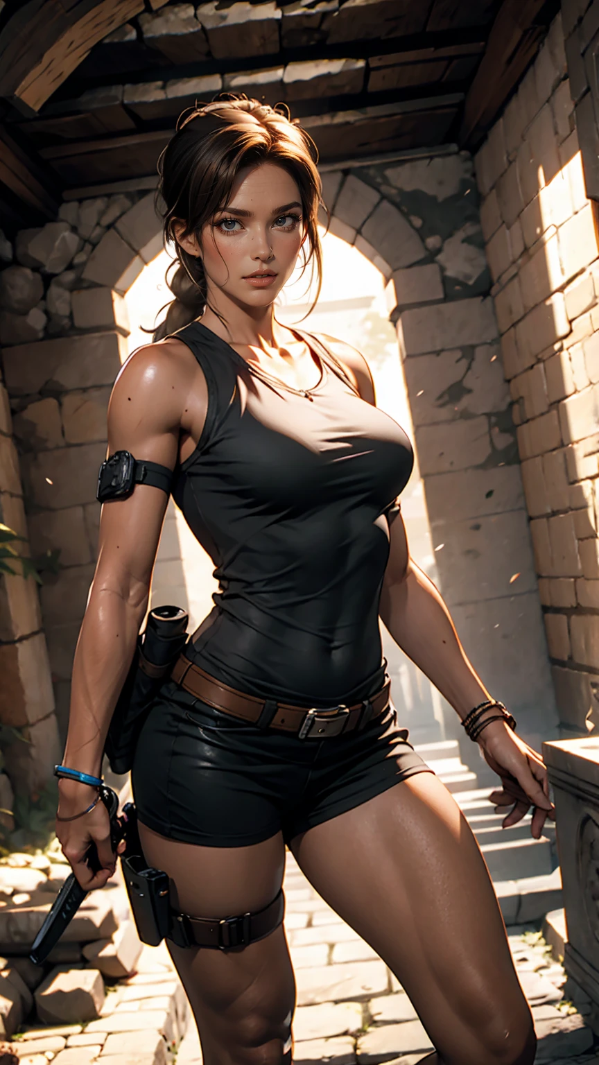 NSFW (nude) (Lara Croft, large breasts, trim pubic hair) standing atop ancient ruins in the jungle