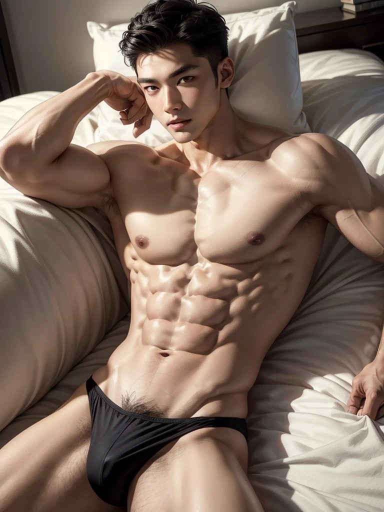 Masterpiece, Best Quality, Solo, Asian Model Men, muscular, white skin, bedroom background, lying on the bed, good lighting, Natural eyes, Short and delicate black hair, Sexy Man, looking at the viewer, shirtless, sexy bikini, Small plots, Muscular posture, pubes