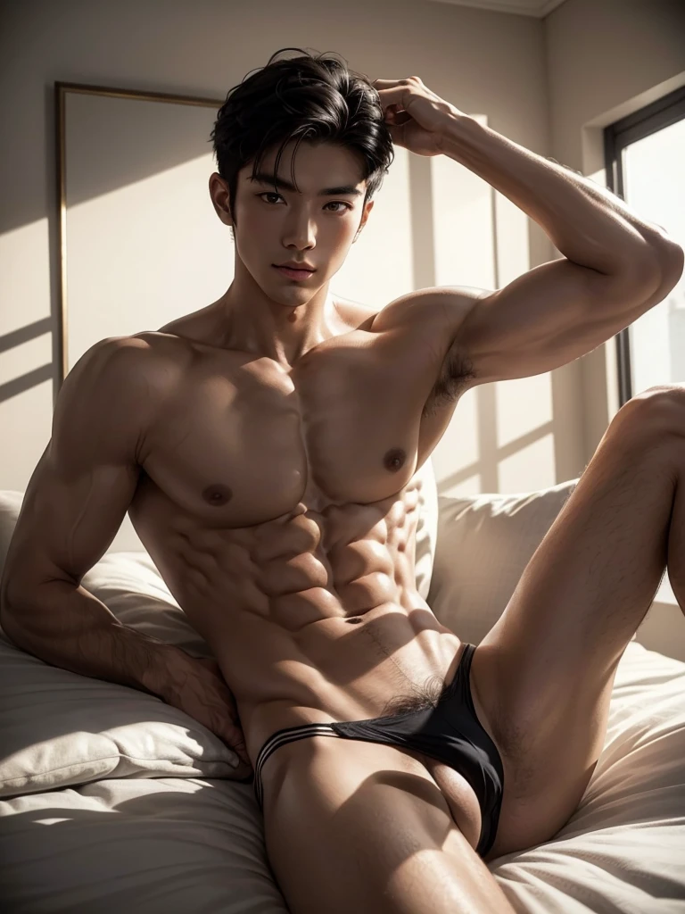 Masterpiece, Best Quality, Solo, Asian Model Men, muscular, white skin, bedroom background, lying on the bed, good lighting, Natural eyes, Short and delicate black hair, Sexy Man, looking at the viewer, shirtless, sexy bikini, Small plots, Muscular posture, pubes