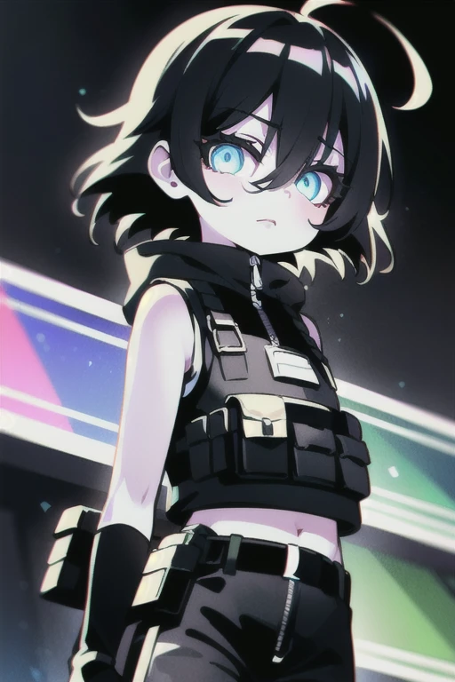 (best quality, masterpiece:1.1), upper body, looking at viewer, (facing down:1.2), (1female), bright face, black hair, asymmetrical bangs, hair over eyes, cornrows, (bulletproof vest, bullet pouch on top of the bulletproof vest, combat pants), hoodie, wearing boots, holster on the thigh, black gloves, ( neon light, Club Stage),