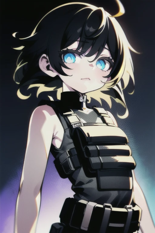 (best quality, masterpiece:1.1), upper body,  looking at viewer, (facing down:1.2),  (1female), bright face, black hair, asymmetrical bangs, hair over eyes, cornrows,        (bulletproof vest, bullet pouch on top of the bulletproof vest, combat pants), hoodie, wearing boots, holster on the thigh, black gloves, ( neon light, Club Stage),