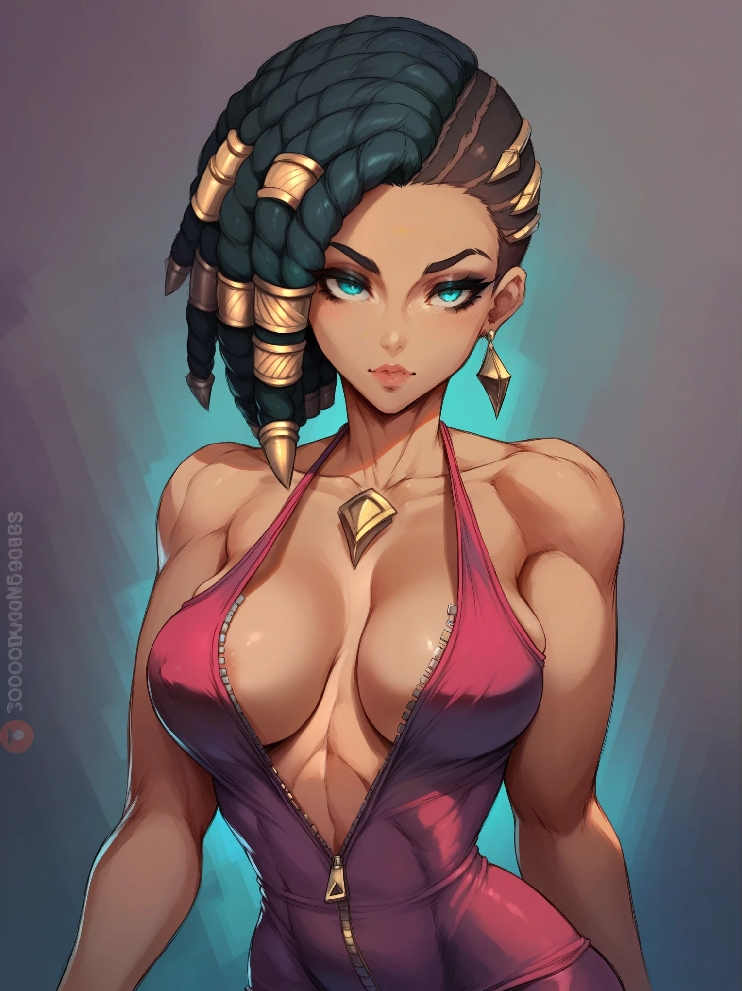 (cutesexyrobutts:0.9), (score_10, score_9_up, score_9, score_8_up, score_7_up, score_6, score_5, score_4, source_anime), (digital painting), (fine line work), (best quality), (extremely detailed), (highest quality), (intricate linework), (intricate details), more detail XL, (senna \(league of legends\)), medium breasts, (gren eyes:1.1), (short evening dress, (unzipped, deep cleavage:1.0))