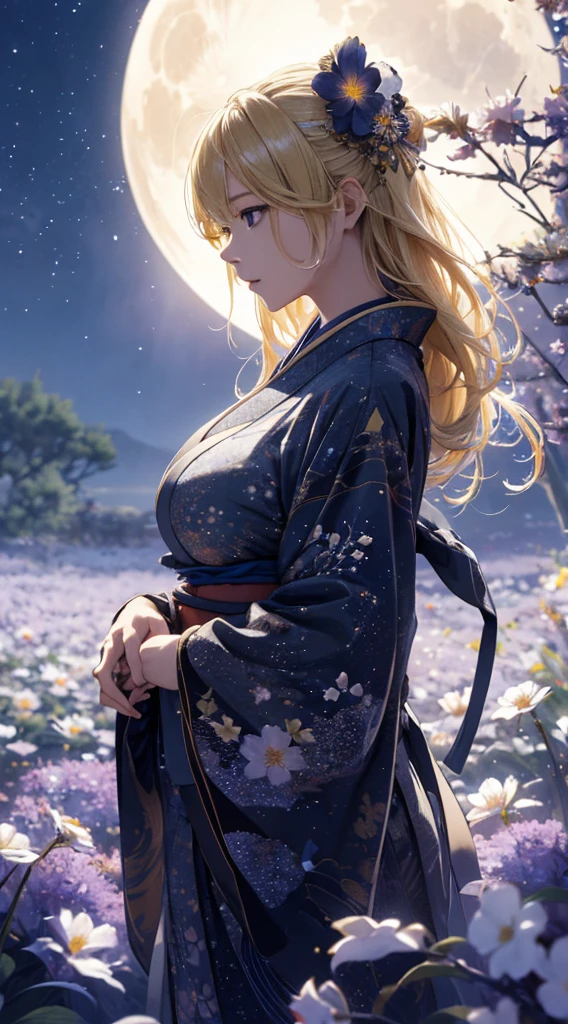 masterpiece, high quality, 4K, Beautiful design, silhouette，blonde， 非常に詳細な夜のStarry Sky,Flower Field， wonderful, Finer details,  Very knowledgeable woman, Highly detailed solo, 1 female,gossiper，Big Breasts，kimono，Night view，Starry Sky，full moon，