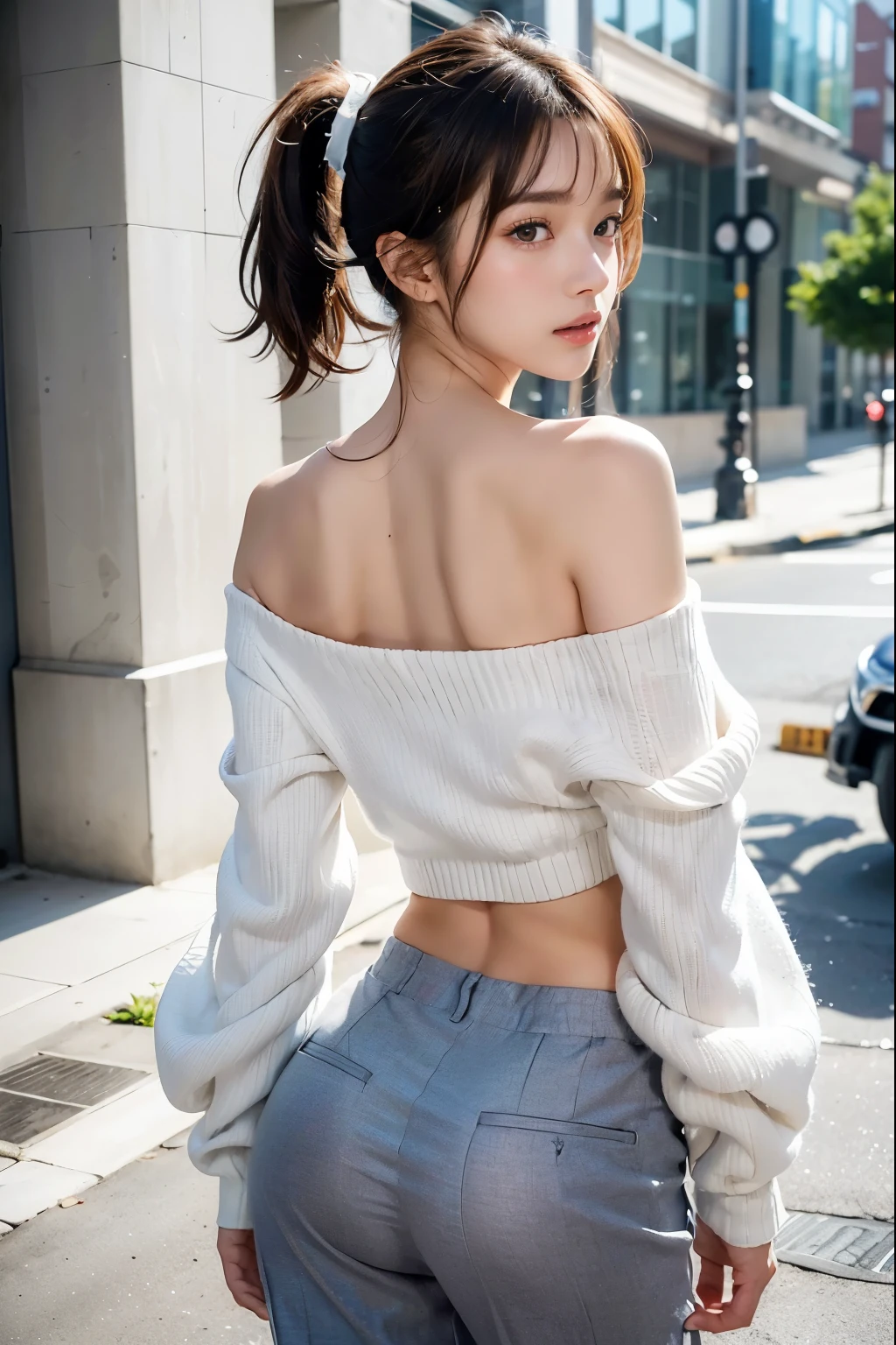 Short length、 ((White knit loose off-shoulder top、Cropped trousers)),   Medium ponytail、Light brown hair,Messy bangs、Cheeky look、Redness on the cheeks、Raise the corners of the eyes、Triumphant thin eyebrows、Young Face、 ((Very detailed)), Perfectly detailed face, Great hands, Photorealistic images、((Full Body Shot、Back view、Sexy ass))、street、Sexy pose