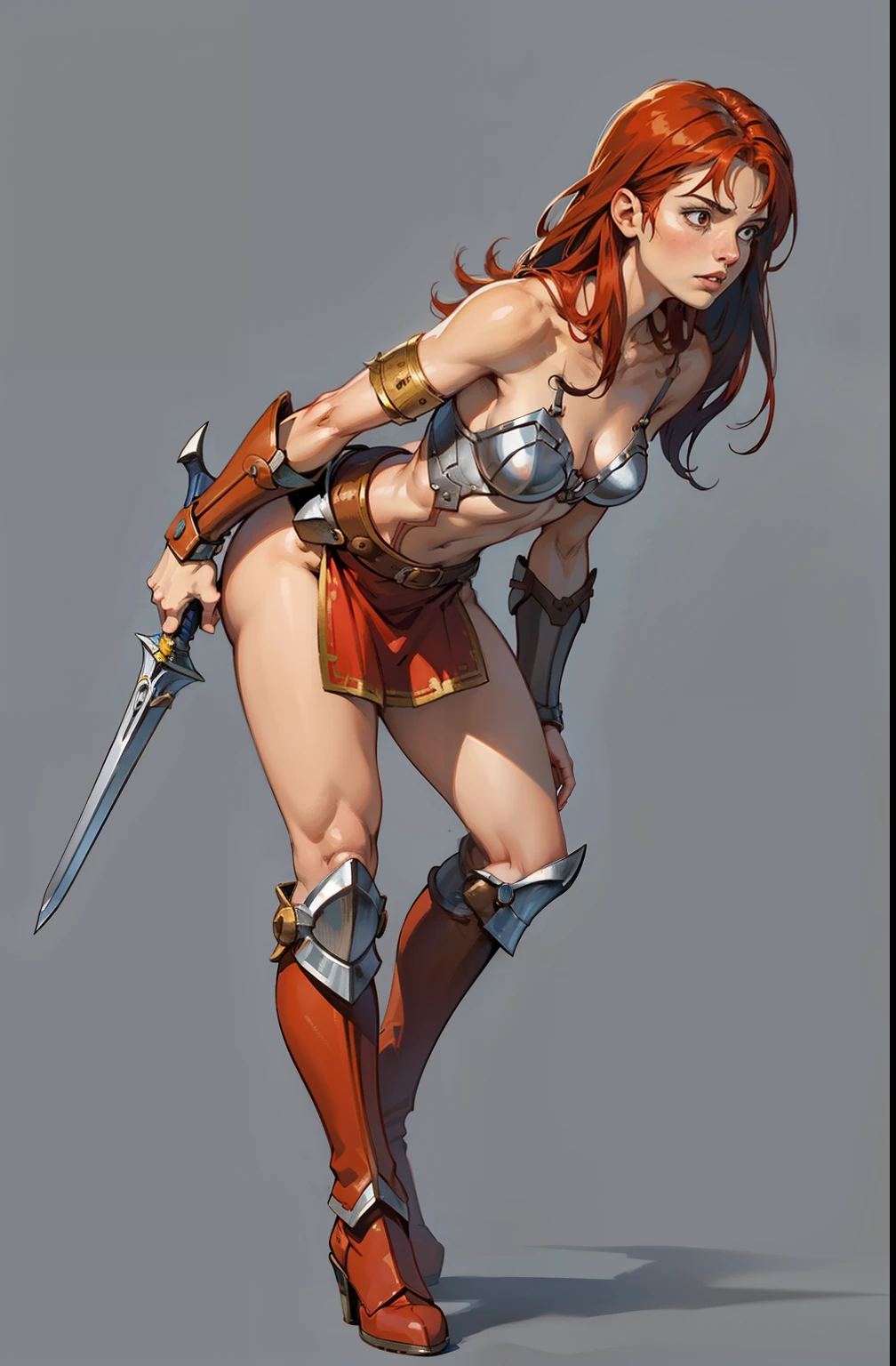 girl, small breasts, red sonja armor, medieval boots, gets scared, side view, embarrassed, leans forward, shy, scared, soft or colored lips, simple background, perfect hands, perfect anatomy, forced perspective, leans forward