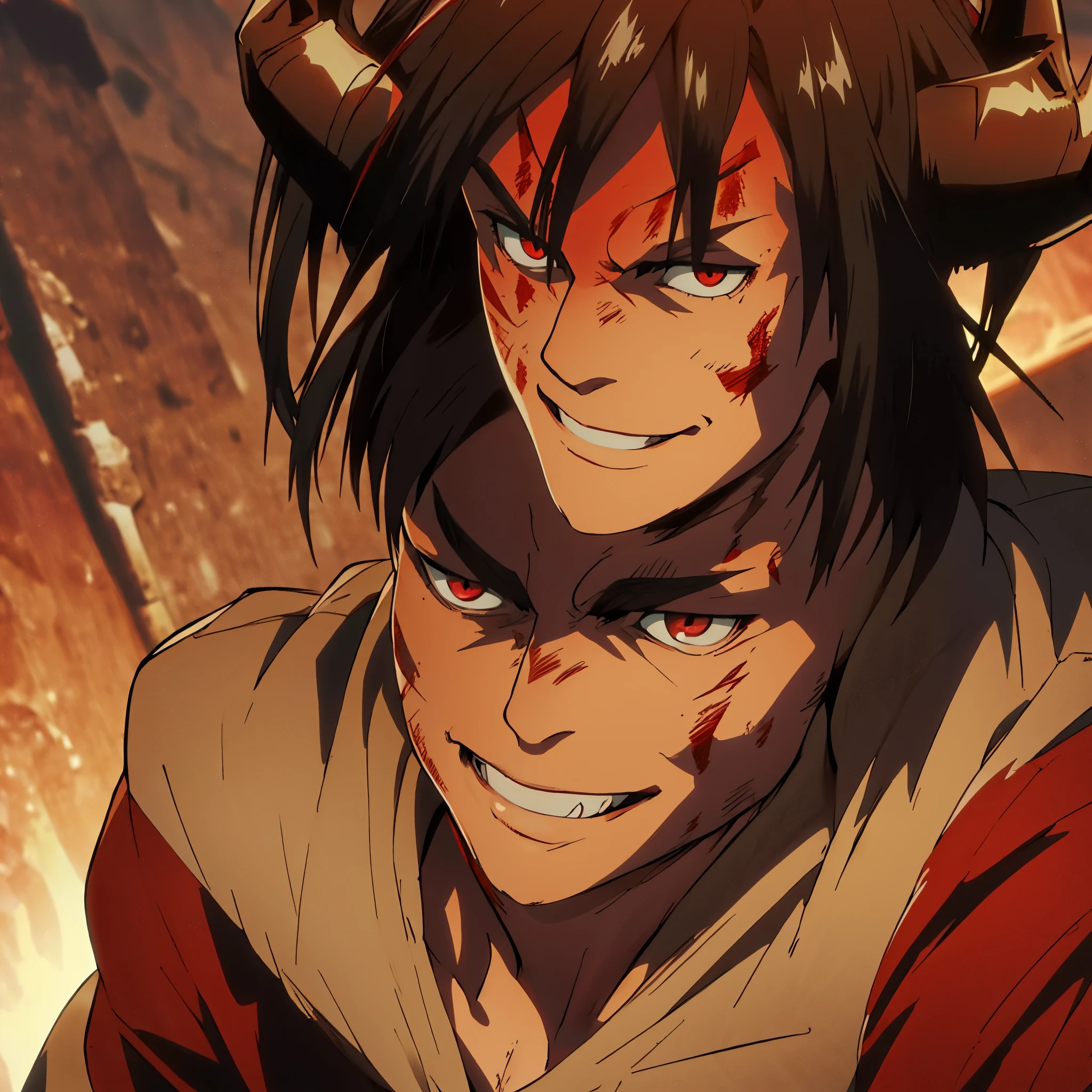 A man having black marks all over his face, devils horns , red eyes, evil smile