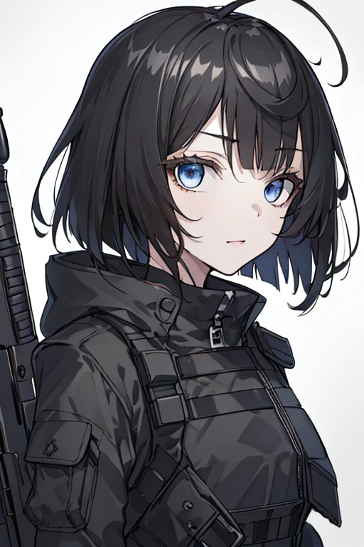 (masuter piece,Best Quality,Ultra-detailed), (A detailed face),1girl in,A dark-haired,bob cuts,Black eye,battle garments,Black Techwear,assault rifle,arma,Detailed background