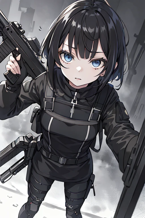 (masuter piece,Best Quality,Ultra-detailed), (A detailed face),1girl in,A dark-haired,bob cuts,Black eye,battle garments,Black Techwear,assault rifle,arma,Detailed background