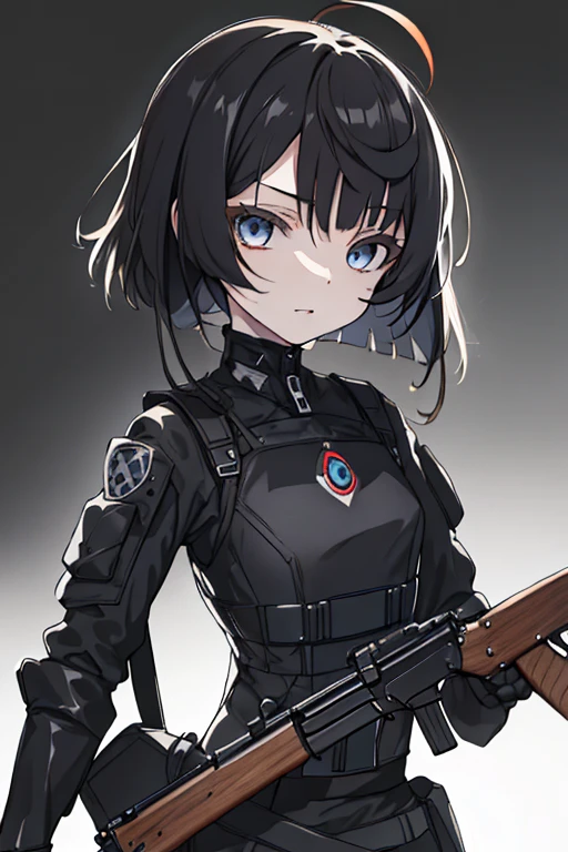 (masuter piece,Best Quality,Ultra-detailed), (A detailed face),1girl in,A dark-haired,bob cuts,Black eye,battle garments,Black Techwear,assault rifle,arma,Detailed background