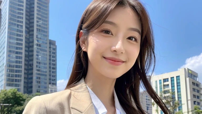 The background is blue sky,There are no buildings,High definition,Looking at the camera,Japan female, 26 years old,A waist-up composition with a brightly lit face,She has an oval face,Soft arched eyebrows,bright expressive eyes,,pronounced nose,Friendly smile,Her hair is in a ponytail,Light chestnut dyed hair。She is wearing a smart casual white blouse,Wearing a chic grey blazer,Embodying her active and sociable lifestyle。