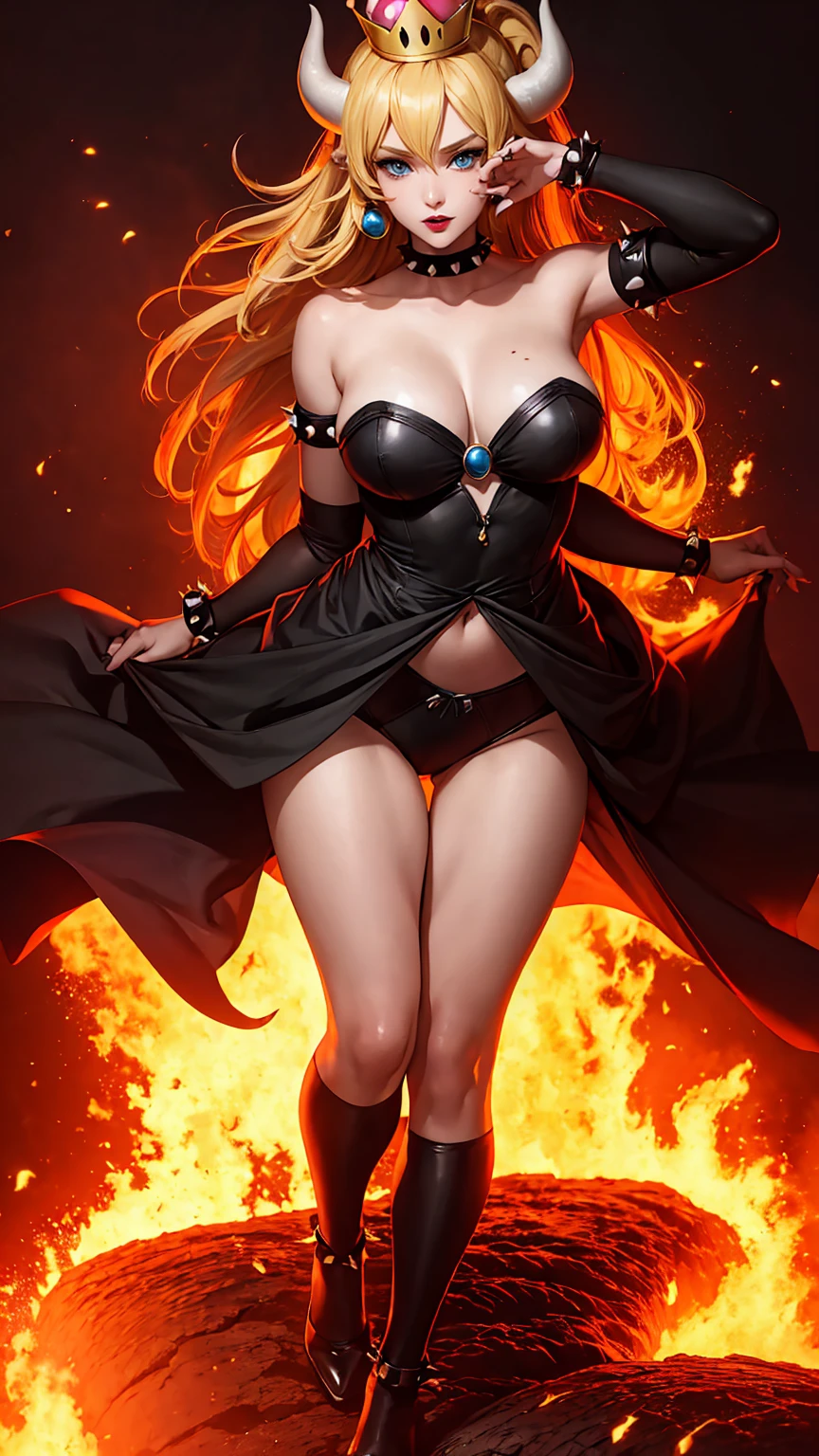 ((high detailed, best quality, 4k, masterpiece, hd:1.3)), ((best quality)), (((HD))), (((8k))), (ultraDH), (ultra HD), Princess Daisy, blue eyes, BREAK blue eyes, seductive, attractive, smooth anime cg art, 36C breasts, long legs, vivid colors, detailed digital art, slim body, perfect skin, dark blonde hair, long hair, blonde hair, blonde hair, BREAK crown, cleavage, 36C cleavage, looking at viewer, BREAK looking at viewer, extremely detailed face, red santa suit, red santa claus suit, santa claus suit, earrings, gem, dark black makeup lips, dark gothic eyeshadows, dark eyeshadows, black eyeshadows, black sexy lips, black lips, (dark:1.2), dark lips, very dark lips, (perfect hands, perfect anatomy), black makeup, black medium lips, black thick lips, detailed fingers, five fingers per hand, 5 fingers, (1 girl), detailed lips, detailed black lips, black painted lips, gothic painted lips, BREAK night, night sky, (breast focus), (arms outstreched:1.2), (from above:1.1), (breasts out:1.3), (off shoulder:1.1), (white horns), (bra), inside a lava castle, she inside a sea of lava, she bathing in lava, full body, perfect long legs, perfect foots, legs and foots into the lava,
