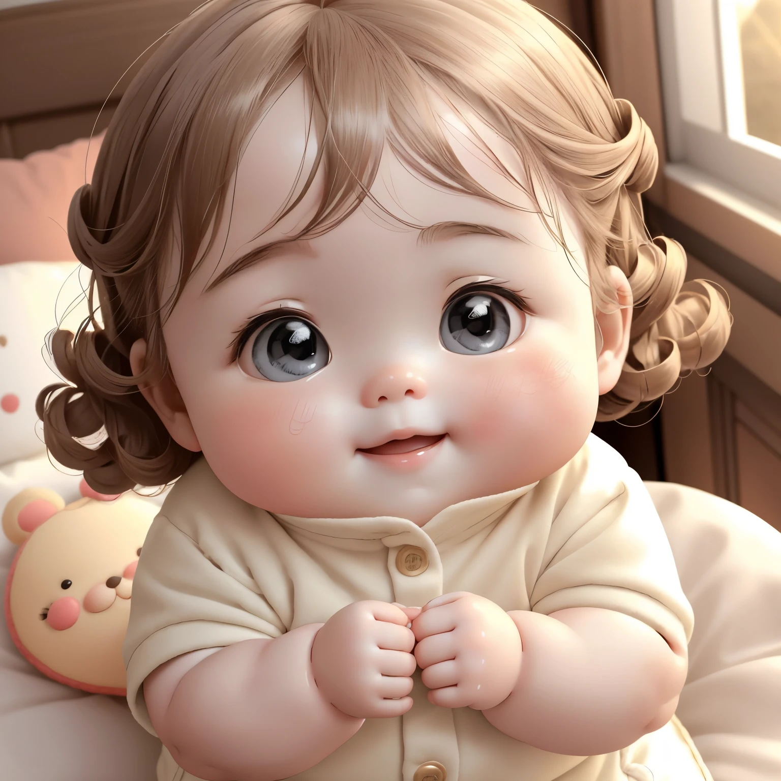 Adorable  with porcelain-like complexion and chubby rosy cheeks, dressed in an adorned onesie that resembles a miniature doll's outfit. Her soft curls frame her lovely face, expressing an innocent and captivating smile that is sure to melt anyone's heart. Her tiny hands clutch a plush toy, adding to the irresistible charm of this cherubic baby.