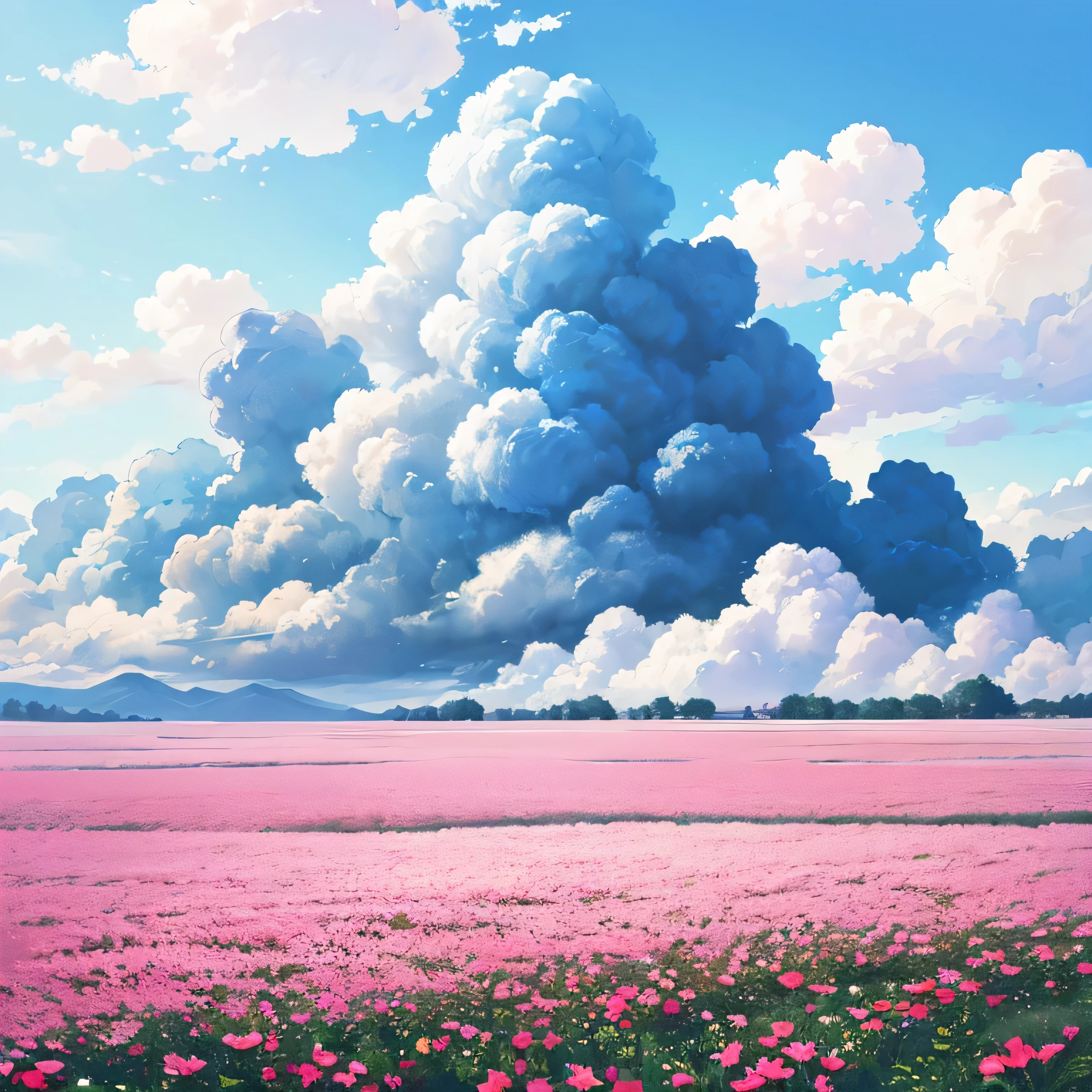 Flower field painting of birds flying in the sky, detail painting 4k, drawn in anime artist studio, in white cloud wonderland, drawn by Yang J, anime beautiful peaceful scene, high quality digital painting, beautiful floating clouds. Anime, beautiful anime scenes, Rose Tran. Landscape background, beautiful digital painting, white cloud fairyland --v6