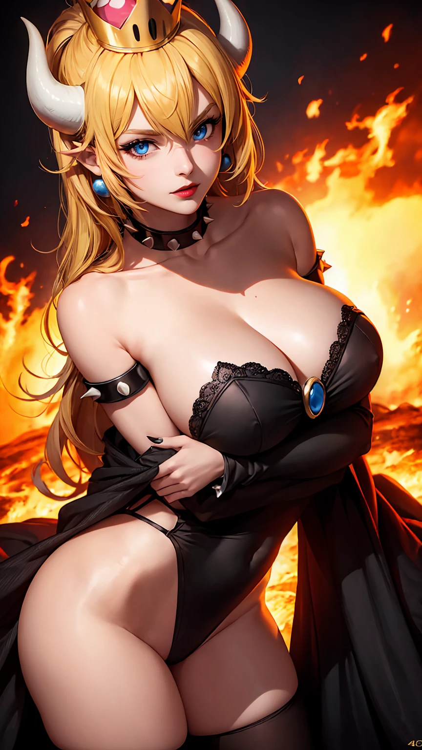 ((high detailed, best quality, 4k, masterpiece, hd:1.3)), ((best quality)), (((HD))), (((8k))), (ultraDH), (ultra HD), Princess Daisy, blue eyes, BREAK blue eyes, seductive, attractive, smooth anime cg art, 36C breasts, long legs, vivid colors, detailed digital art, slim body, perfect skin, dark blonde hair, long hair, blonde hair, blonde hair, BREAK crown, cleavage, 36C cleavage, looking at viewer, BREAK looking at viewer, extremely detailed face, red santa suit, red santa claus suit, santa claus suit, earrings, gem, dark black makeup lips, dark gothic eyeshadows, dark eyeshadows, black eyeshadows, black sexy lips, black lips, (dark:1.2), dark lips, very dark lips, (perfect hands, perfect anatomy), black makeup, black medium lips, black thick lips, detailed fingers, five fingers per hand, 5 fingers, (1 girl), detailed lips, detailed black lips, black painted lips, gothic painted lips, BREAK night, night sky, (breast focus), (arms outstreched:1.2), (from above:1.1), (breasts out:1.3), (off shoulder:1.1), (white horns), (bra), inside a lava castle, she inside a sea of lava, she bathing in lava,