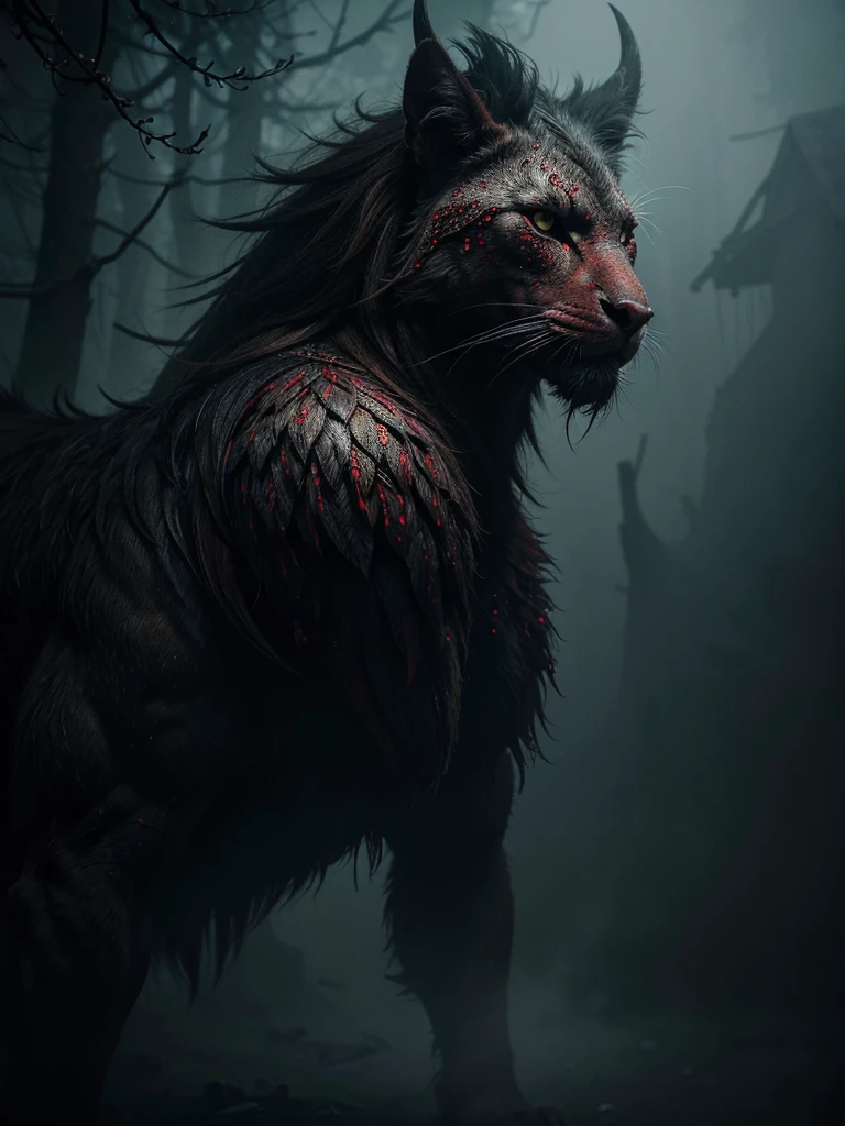 A highly detailed and hyper-realistic depiction of a lugubrious beastly goddess with an intricately scarred face. The character is surrounded by mist, evoking a mysterious and eerie atmosphere. The lighting is dark and atmospheric, with a red smoke adding a touch of sinister ambiance. The image is of the best quality, with a resolution of 4k and HDR enhancement, showcasing the utmost level of detail and realism