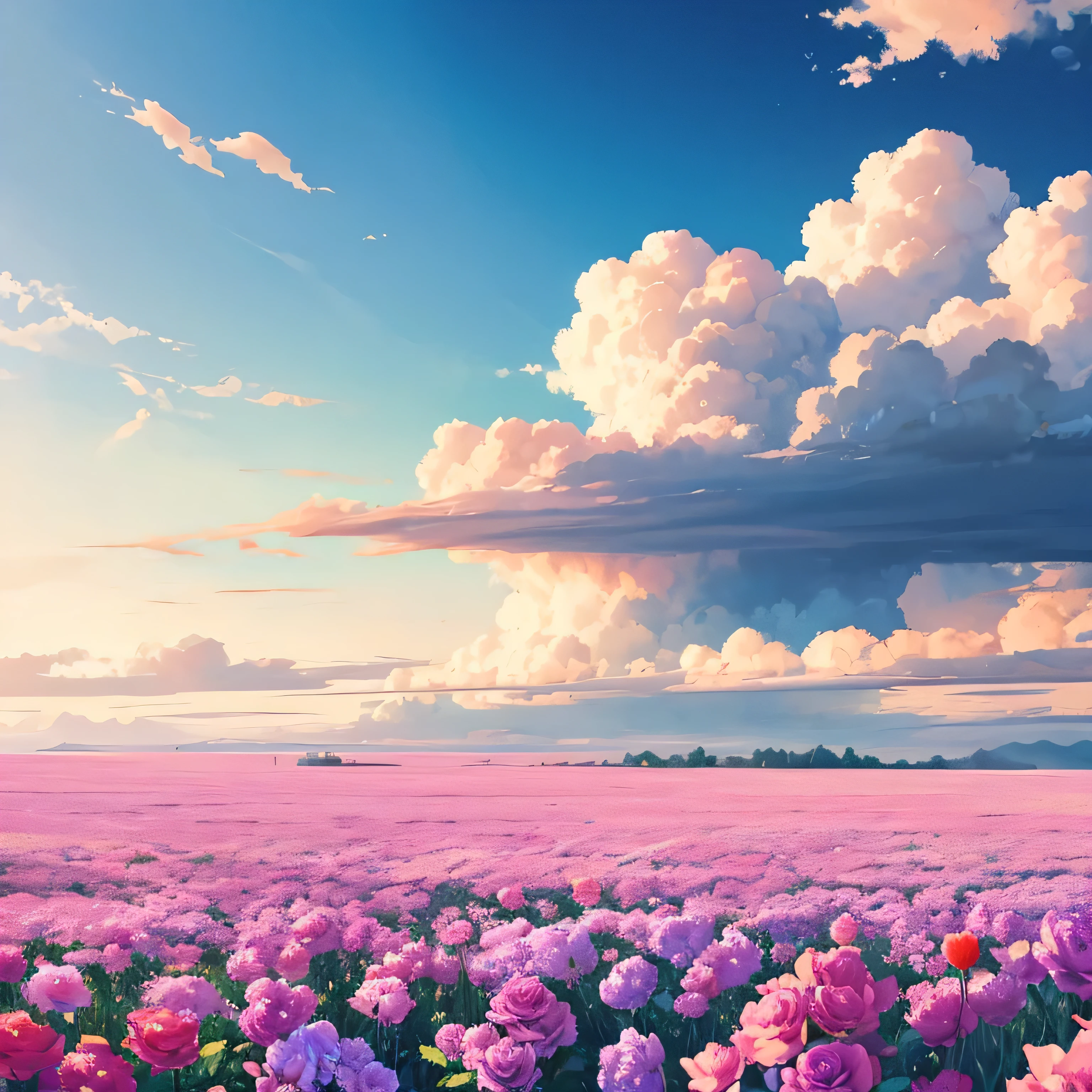 Flower field painting of birds flying in the sky, detail painting 4k, drawn in anime artist studio, in white cloud wonderland, drawn by Yang J, anime beautiful peaceful scene, high quality digital painting, beautiful floating clouds. Anime, beautiful anime scenes, Rose Tran. Landscape background, beautiful digital painting, white cloud fairyland --v6