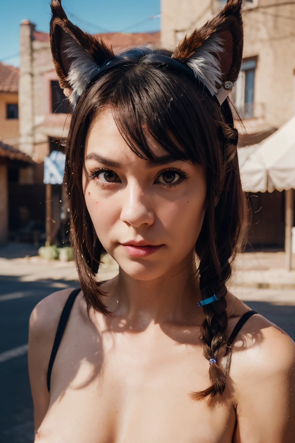 hair bobbles, wince, solid circle eyes, fake animal ears, fang, Surrealism, drop shadow, anaglyph, stereogram, tachi-e, pov, atmospheric perspective, 8k, ccurate, best quality