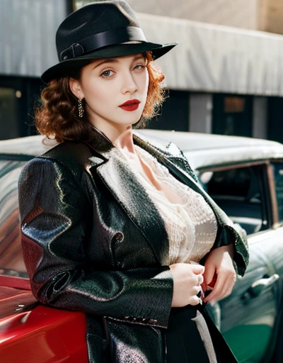 masterpiece, Pale skin, Red lips, Bright Eyes, eye shadow, Photographed from the front、A beautiful red-haired woman with medium curly hair、Standing on the street with a Thompson M1928A1 drum。, Behind her is a still green 1928 Cadillac Town Sedan., She is wearing a mafia suit in red and black colors, She has a mafia-style skirt and jacket draped over her shoulders, She also wears a hat, Garter holders and heels, Very detailedボディ, Detailed cars and clothing, Chiaroscuro, Natural light, Very detailed, She and the car focused on the image.