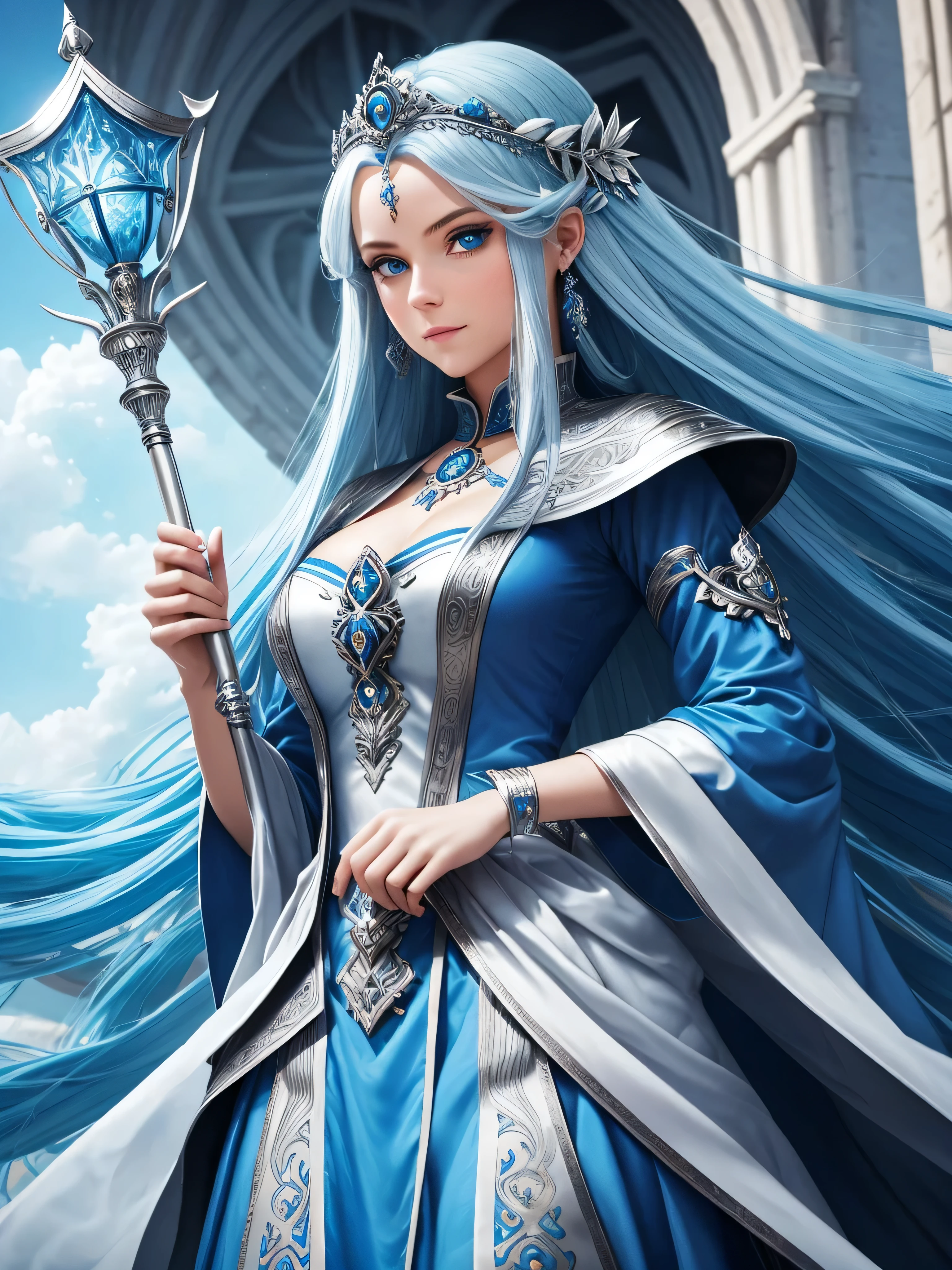 Create a portrait of a beautiful brunnette with long blue hair , blue eyes whereing a silver and blue dress ,raising her staff which is silver in colour to surge blue coloured power into the sky