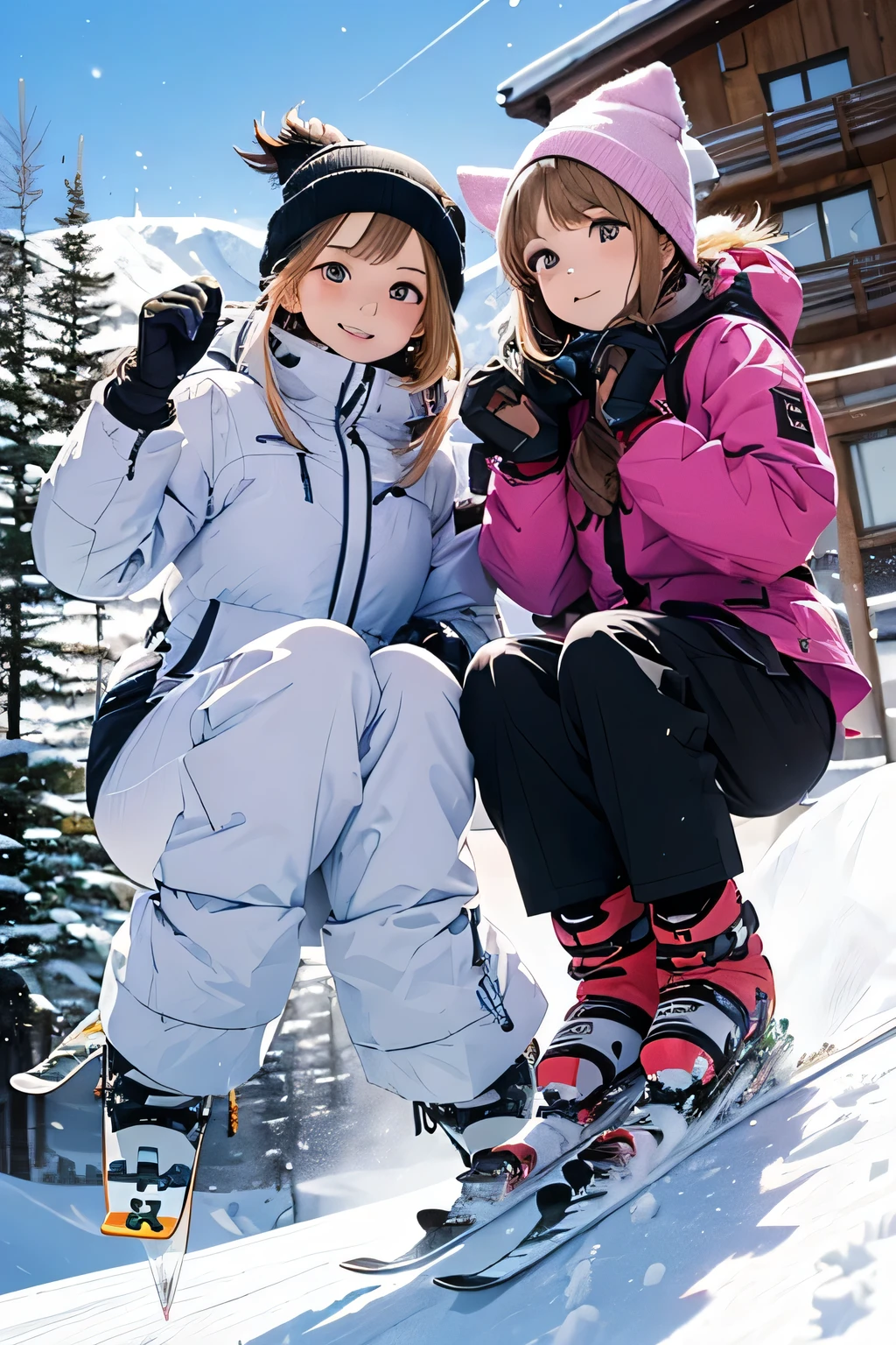 highest quality、High resolution、Detailed Background、(Beautiful face in every detail:1.4)、Anatomically correct、(Draw the usual number of fingers:1.2)、(Detailed facial expressions)、(Detailed eyes:1.2)、(Detailed eyes:1.2)、Beautiful, smooth skin、Teenage beauty、(Highly detailed face:1.4)、Cute color hair color、ponytail、Bobcut、Braided long hair、Wavy Hairstyle、well-groomed eyebrows、Do cute things、Beautiful scenery of snowy mountains、The exhilaration of speed、Excited、Uplifting、Fit on one screen、
(Two beautiful girls enjoying skiing and snowboarding at a ski resort with a spectacular view on a sunny day:1.5)、
Choose pastel or bright coloured skiwear to stand out in the snow.、
Pink, light blue and white clothing will make you look especially cute.、
Ski wear with a simple design gives a stylish and cute impression.、
Headbands and beanies、If you arrange your hair with hairpins, you can look stylish even when wearing a ski cap.、Half-up and twin tails are also cute.、
Ski goggles cover half of your face, so if you choose a stylish design, you will look stylish.、Mirrored lenses and colorful frames are recommended.、
Ski boot covers make your feet look stylish.、
Choose a colorful cover and look fashionable while skiing in the snow、
The best part of snowboarding is landing tricks on jumps and boxes.、
When you cut through the air, spin, or slide through the box, you'll feel a sense of accomplishment and excitement.、Snowboarding is best enjoyed with friends.、Memories are made by racing down the slopes together.、It's also fun to compete with friends or work together to hone your skills.