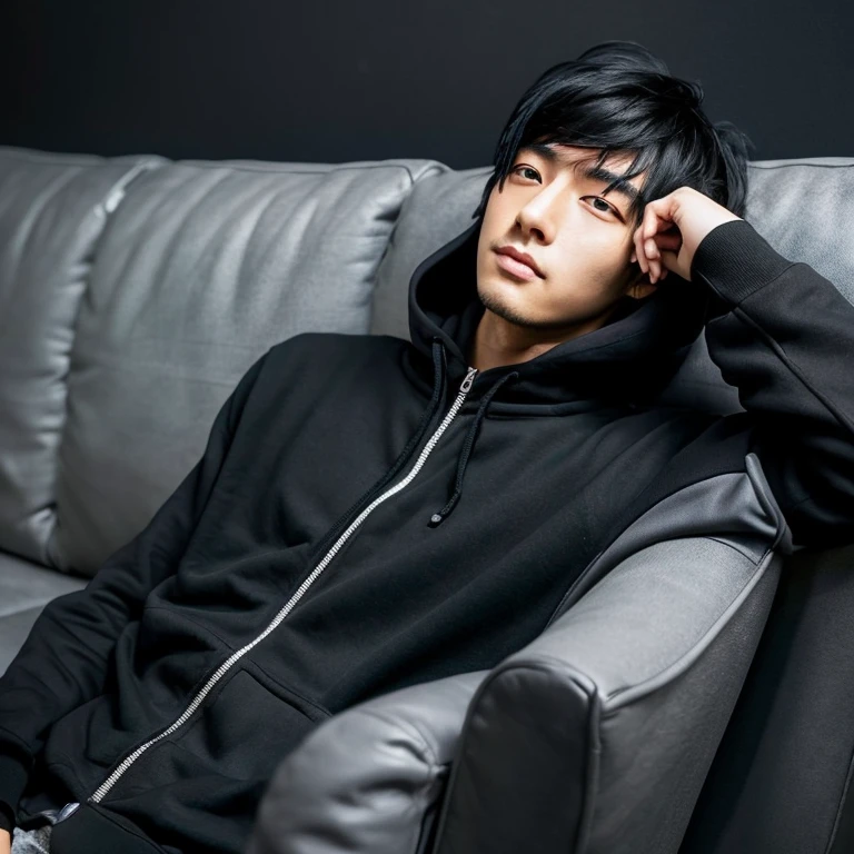 Japanese Male, mid-30s Black hair parted in the middle, laying on a couch, realistic painting, Reddit, Hyperrealism, Wearing a black hoodie,Thin and slightly long face、Relax on the sofa, a Surreal , Surreal , ジーンズとWearing a black hoodie,