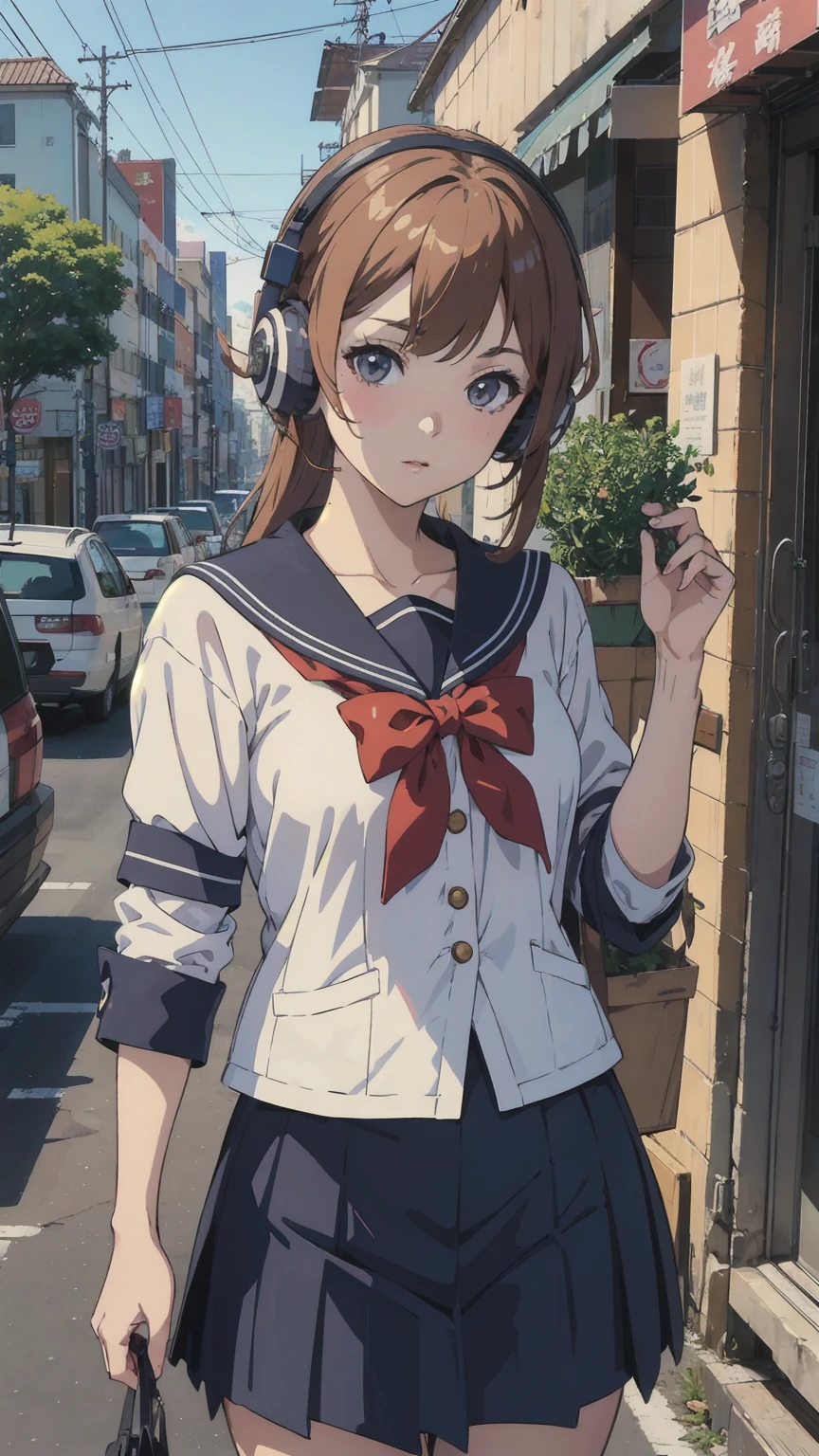 90s City Pop Art、City Pop Style:1.5、Sketch Style、LOFI Girl、(Put on your old headphones:1.0),道を歩いているAnime Girls, Beautiful anime school girl, White Sailor Suit、Navy Skirt:1.0、Cute girl anime visuals, 長い髪のAnime Girls, Smooth anime CG art, 若いAnime Girls, 魅力的なAnime Girls, Anime Style 4k, Surreal , Anime Art Wallpapers 8K, City Girl Fan Art, Anime Girls, Digital anime illustration、masterpiece、Retro art style